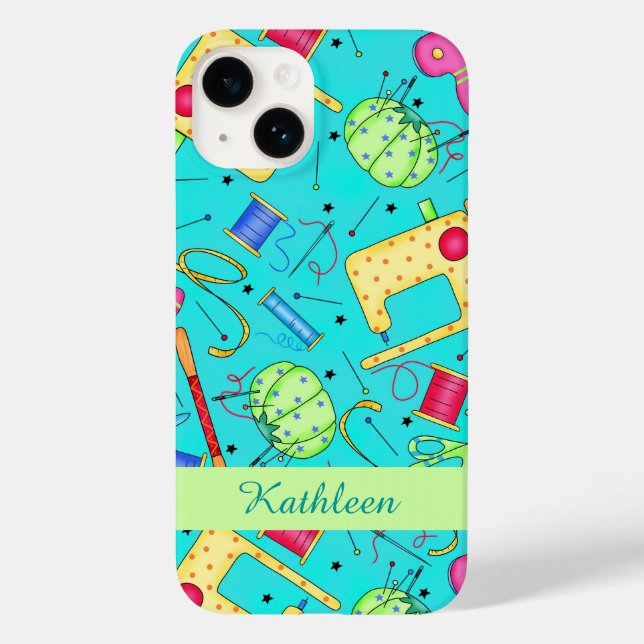 Sewing Notions Art Name Personalize Turquoise Blue Case-Mate iPhone Case (Back)