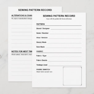 Sewing Pattern Record Fabric Swatch and Alteration Card