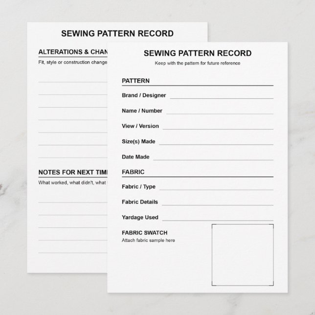 Sewing Pattern Record Fabric Swatch and Alteration Card (Front/Back)