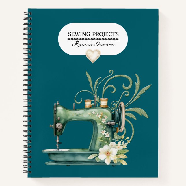 Sewing Projects Binder Teal Blue Vintage Look Notebook (Front)