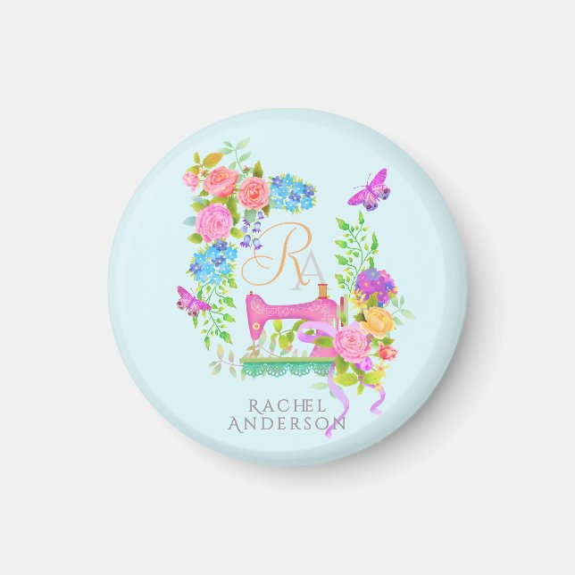 Sewing Ribbon Floral Monogram Blue Keychain Magnet (Front)