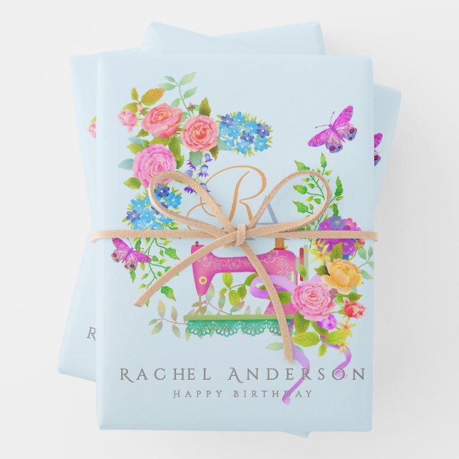Sewing Ribbon Floral Monogram Blue Wrapping Paper Sheet (In situ)