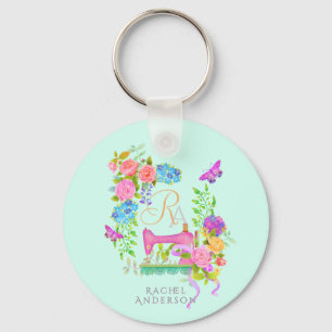 Sewing Ribbon Floral Monogram Green Keychain
