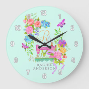 Sewing Ribbon Floral Monogram Green Large Clock