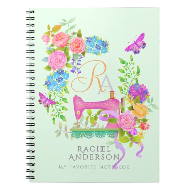 Sewing Ribbon Floral Monogram Green Notebook (Front)