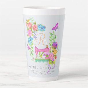 Sewing Ribbon Floral Monogram Grey Latte Mug