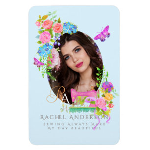 Sewing Ribbon Floral Monogram Photo Blue Magnet
