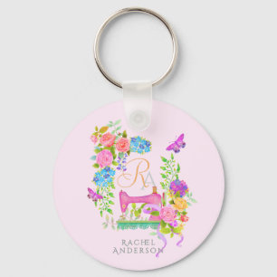 Sewing Ribbon Floral Monogram Pink Keychain