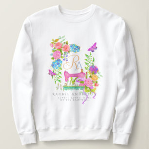 Sewing Ribbon Floral Monogram White Sweatshirt
