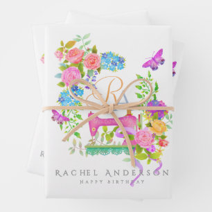 Sewing Ribbon Floral Monogram White Wrapping Paper Sheet