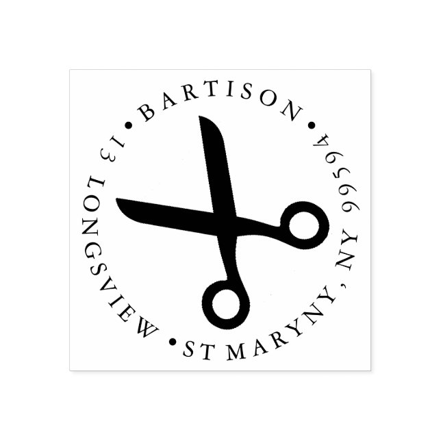 sewing scissors ROUND RETURN ADDRESS Rubber Stamp (Imprint)
