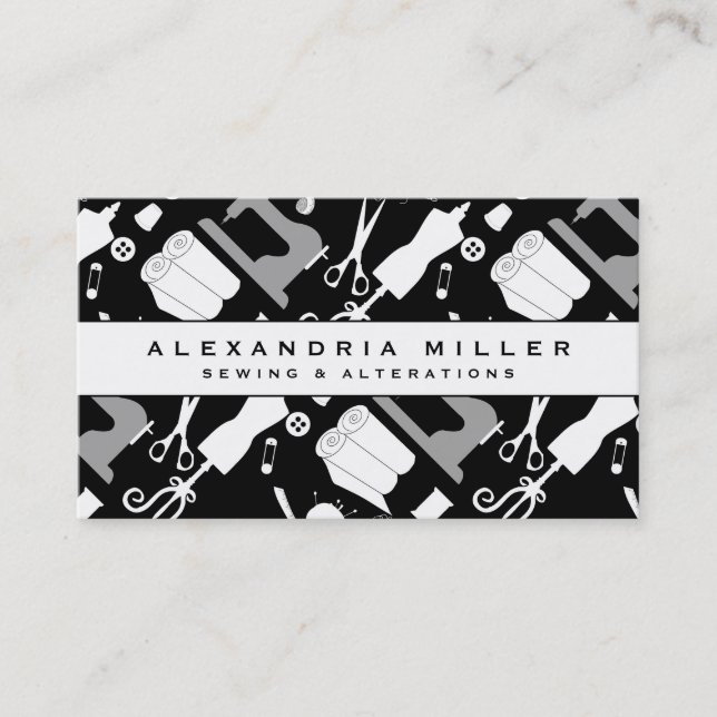 Sewing Seamstress Pattern | Black & White Business Card (Front)