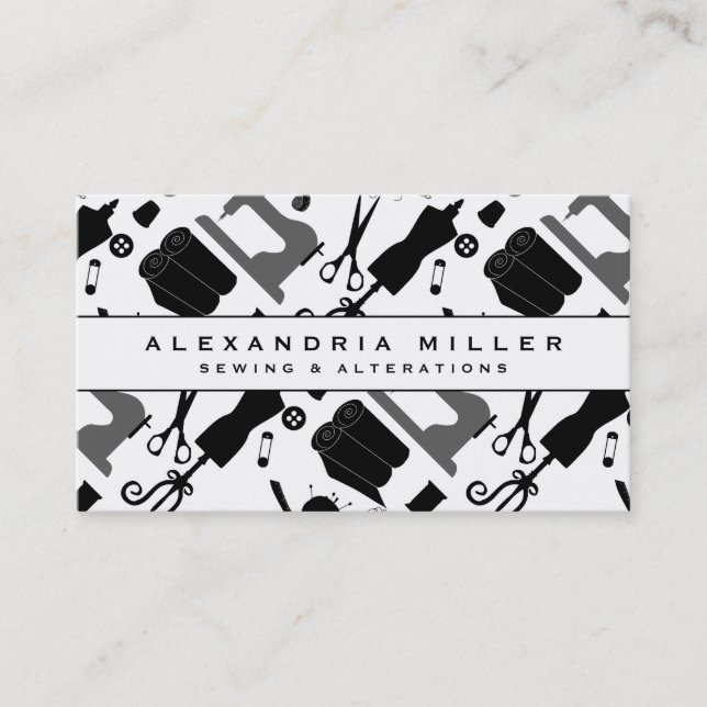 Sewing Seamstress Pattern | Black White & Grey Business Card (Front)
