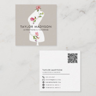 Sewing Seamstress Tailor Mannequin Flowers QR code Square Business Card