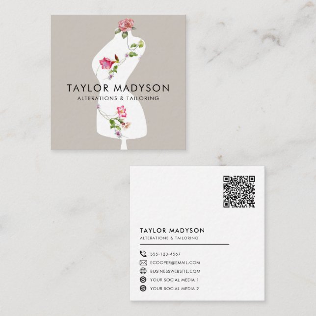 Sewing Seamstress Tailor Mannequin Flowers QR code Square Business Card (Front/Back)
