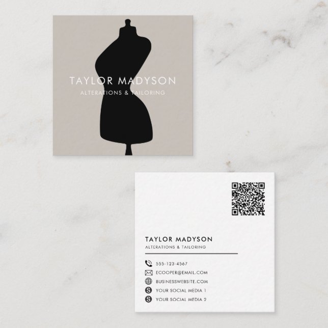 Sewing Seamstress Tailor Mannequin Logo QR code Square Business Card (Front/Back)