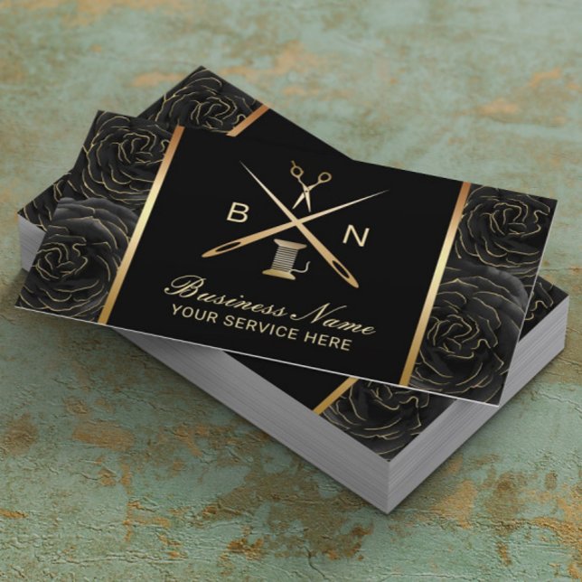 Sewing Seamstress Thread & Needles Black Floral Business Card (Creator Uploaded)