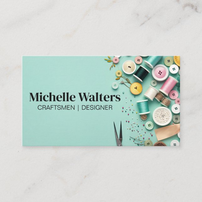 Sewing Supplies Background | Needles Thread Business Card (Front)