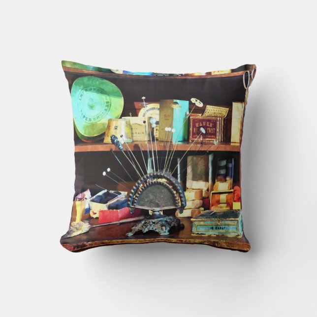 Sewing Supplies in General Store Throw Pillow (Front)