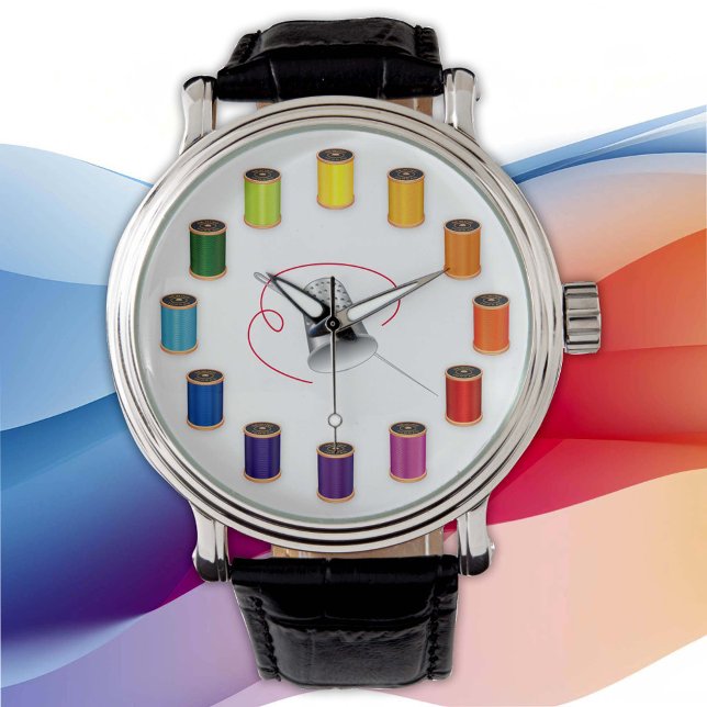 Sewing, Thimble, Needle and Thread Watch (Time Flies When I Sew!  Silver thimble, needle and vivid color wheel of threads. )