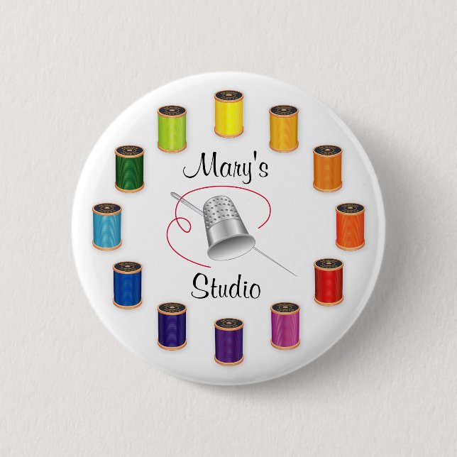 Sewing Thimble, Needle and Threads 2 Inch Round Button (Front)