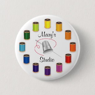 Sewing Thimble, Needle and Threads 2 Inch Round Button