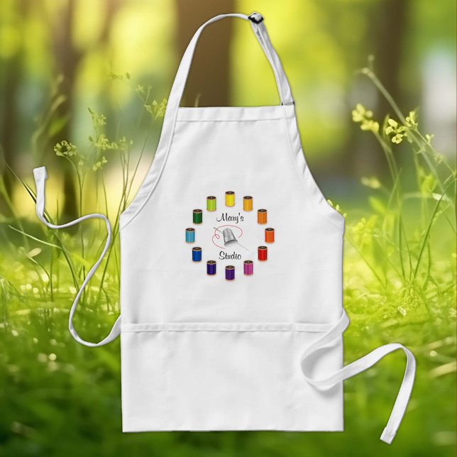 Sewing Thimble, Needle and Threads Standard Apron (Silver thimble, needle and vivid color wheel of threads design for artists who love to sew! )