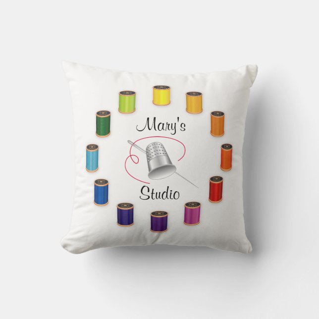 Sewing Thimble, Needle and Threads Throw Pillow (Front)