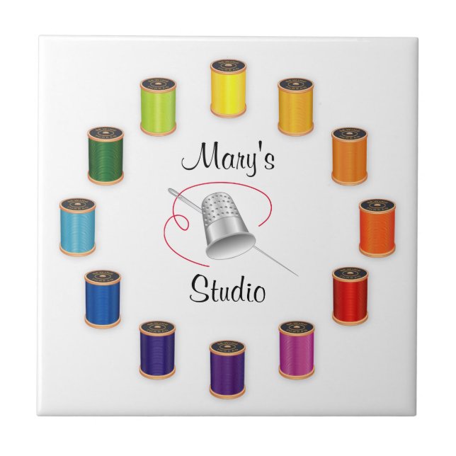 Sewing Thimble, Needle and Threads Tile (Front)