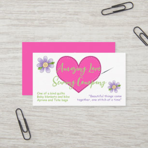 Sewn Heart and Purple Flowers Sewing Business Card