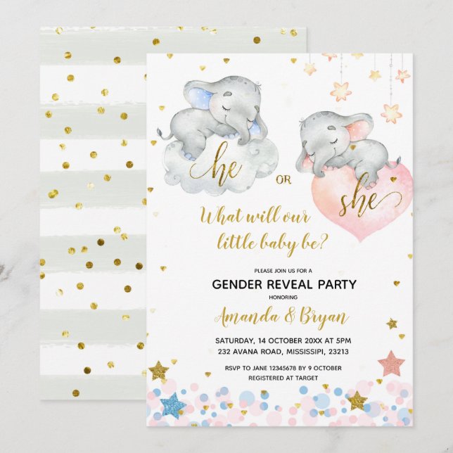 Sexe Révéler Elephant Baby shower Invitation (Devant / Derrière)