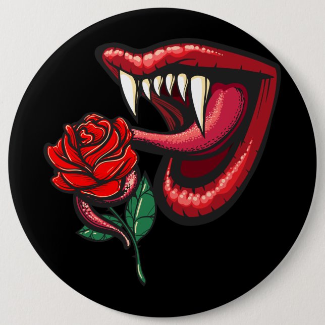 Sexy Goth Vampire Teeth And Rose 6 Inch Round Button (Front)