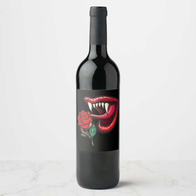 Sexy Goth Vampire Teeth And Rose Wine Label (Front)