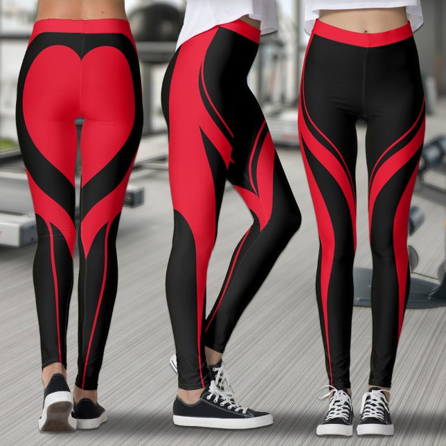Sexy Red Black Heart Butt Gym Activewear Leggings (Red and black leggings with red heart on butt)