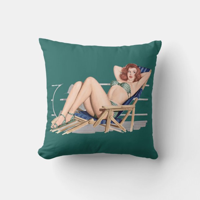 Sexy redhead pinup girl in green bikini throw pillow (Front)