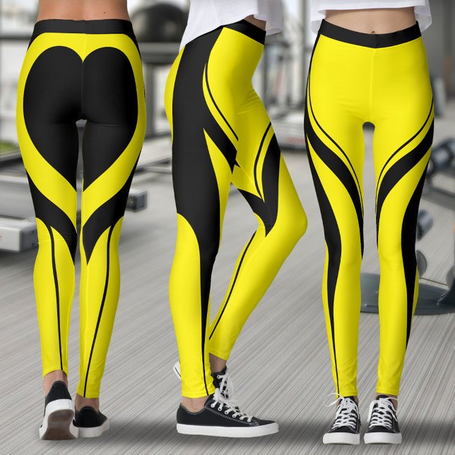 Sexy Yellow Black Heart Butt Gym Activewear Leggings (Yellow and black leggings with black heart on butt and abstract line design)