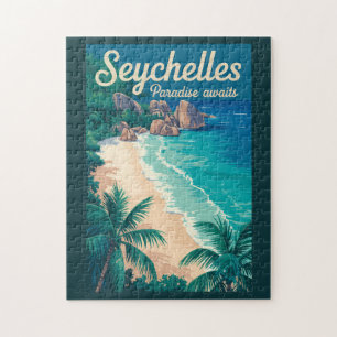 Seychelles Beach Illustration Travel Art Vintage Jigsaw Puzzle