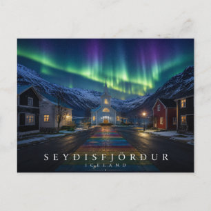 Seyðisfjörður Blue Church Rainbow Street Aurora Postcard