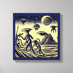 SF - Aliens On A Strange Planet Woodcut 1 Canvas Print