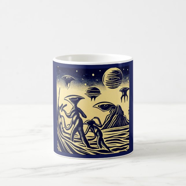 SF - Aliens On A Strange Planet Woodcut 1 Coffee Mug (Center)