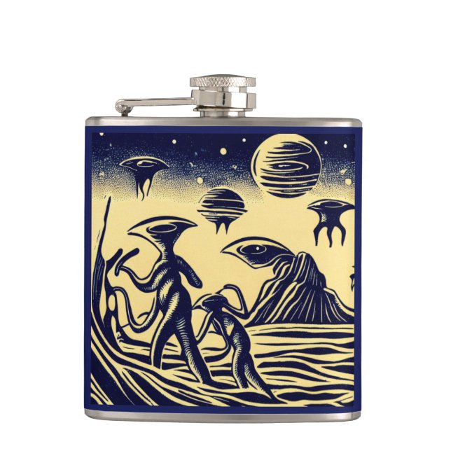 SF - Aliens On A Strange Planet Woodcut 1 Hip Flask (Front)