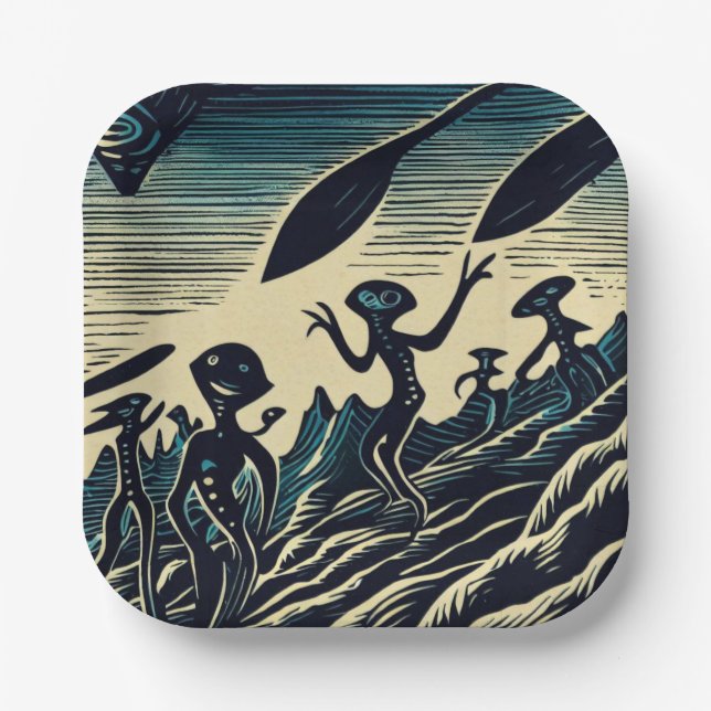 SF - Aliens On A Strange Planet Woodcut 3 Paper Plate (Front)