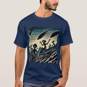 SF - Aliens On A Strange Planet Woodcut 3 T-Shirt
