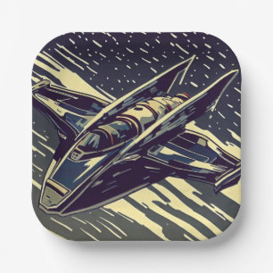 SF - Anime Starfighter Woodcut 4 Paper Plate