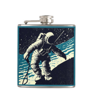 SF - Astronaut on Spacewalk Woodcut 2 Hip Flask