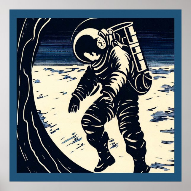 SF - Astronaut on Spacewalk Woodcut 3 Poster (Front)