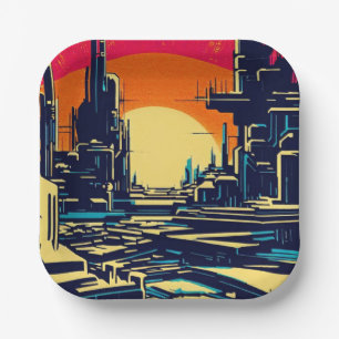 SF Futuristic City Woodcut 1 Paper Plate