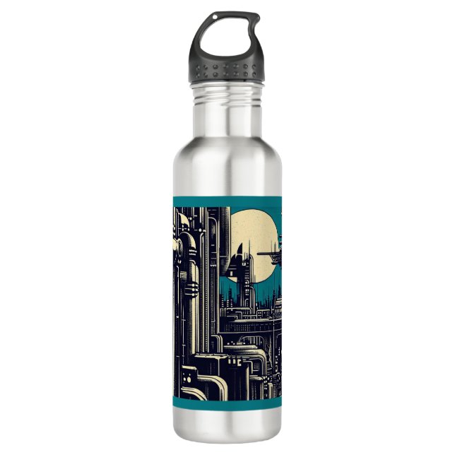 SF Futuristic City Woodcut 2 710 Ml Water Bottle (Front)