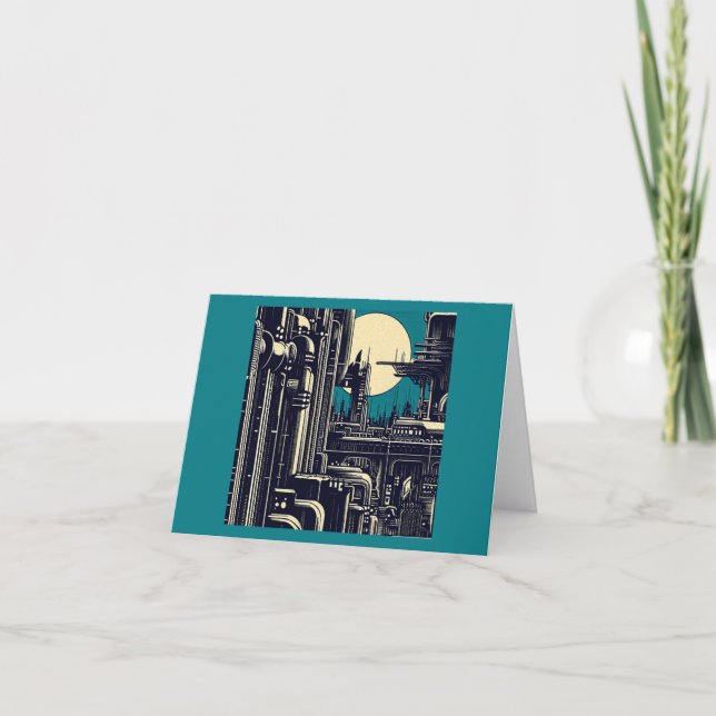 SF Futuristic City Woodcut 2 Card (Front)