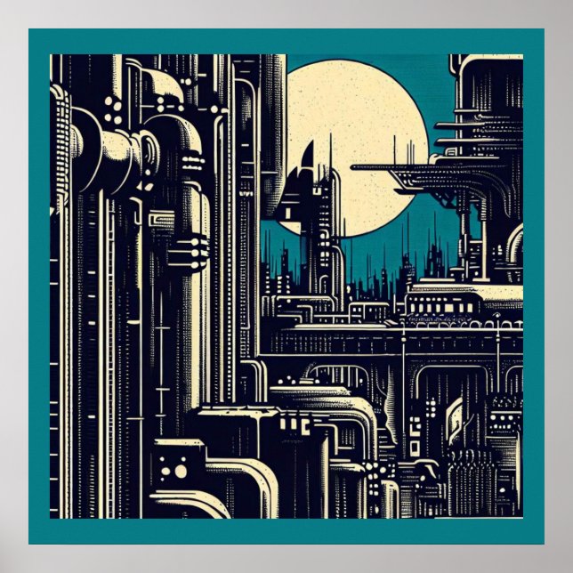 SF Futuristic City Woodcut 2 Poster (Front)